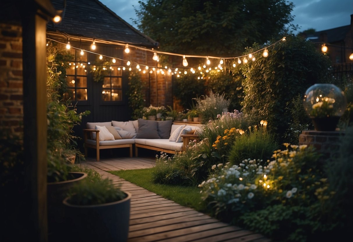 A cozy urban garden in the UK adorned with LED string lights