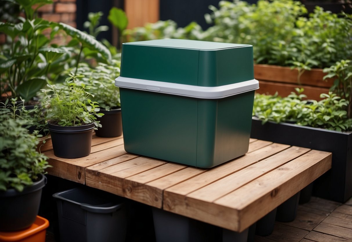 A compact compost bin sits in a small urban garden, surrounded by potted plants and herbs. The bin is neatly tucked away in a corner, with greenery spilling over the edges