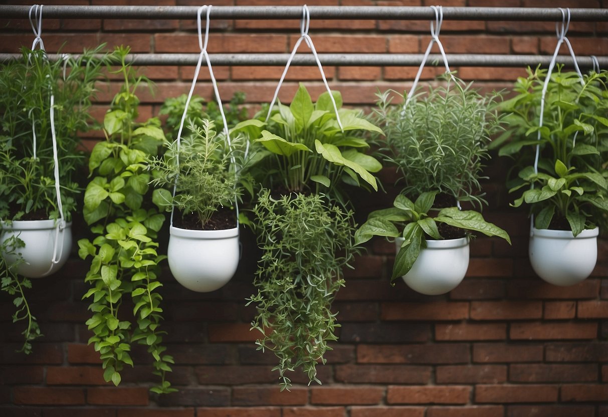 A row of hanging pocket organizers filled with lush green plants, herbs, and flowers, creating a vibrant urban garden in a small outdoor space in the UK