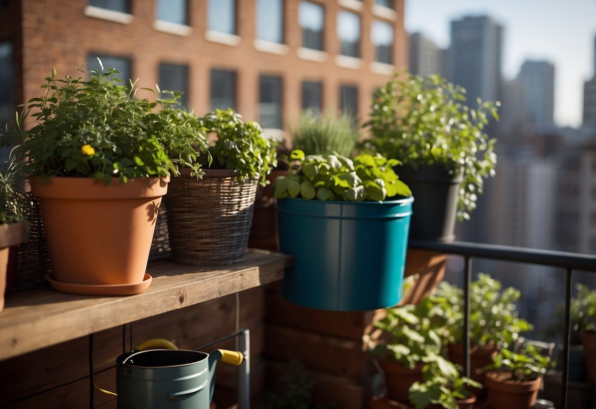 A small balcony with potted plants, herbs, and vegetables. A compost bin and watering can are nearby. City buildings serve as a backdrop