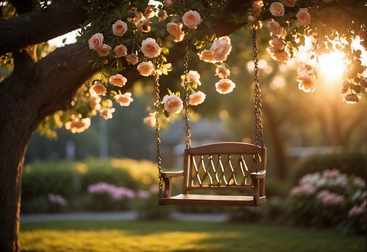 A heart-shaped swing hangs from a tree in a garden filled with roses, tulips, and daisies. The sun is setting, casting a warm glow over the scene