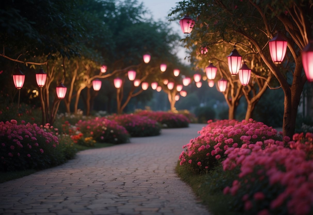 A winding pathway lined with glowing heart-shaped lanterns, leading through a garden of vibrant red and pink flowers