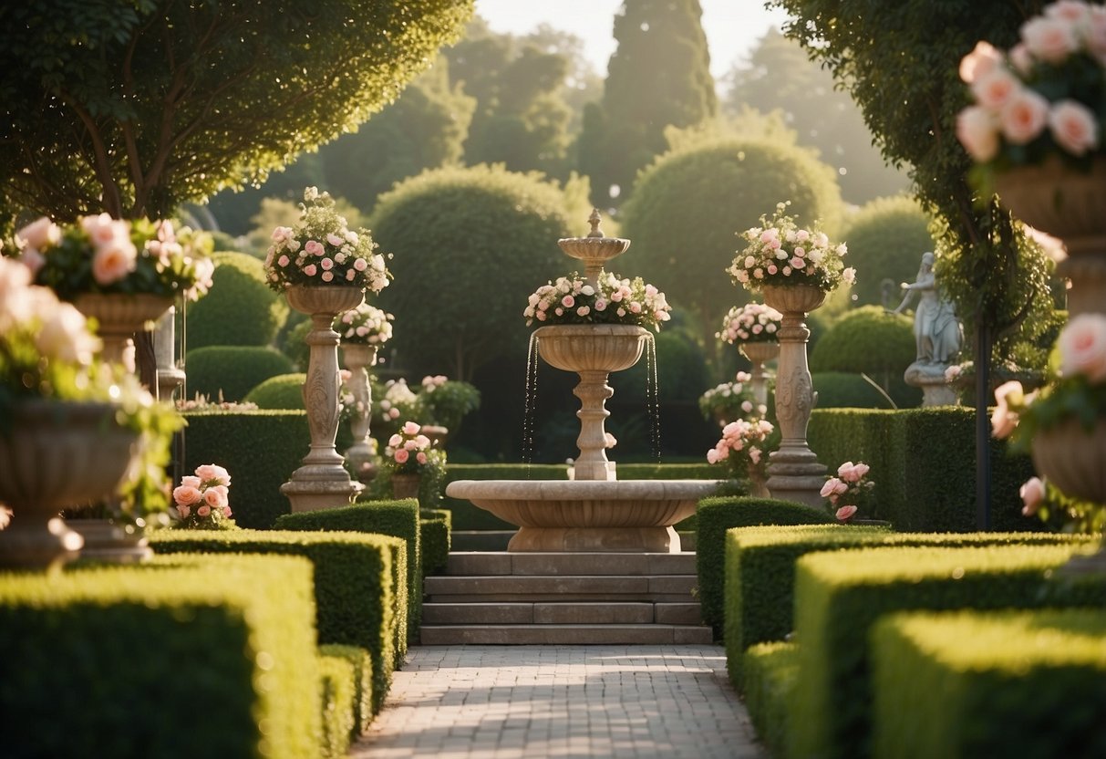 A lush garden with heart-shaped topiaries, blooming roses, and a sparkling fountain at the center, adorned with Cupid statues and twinkling fairy lights