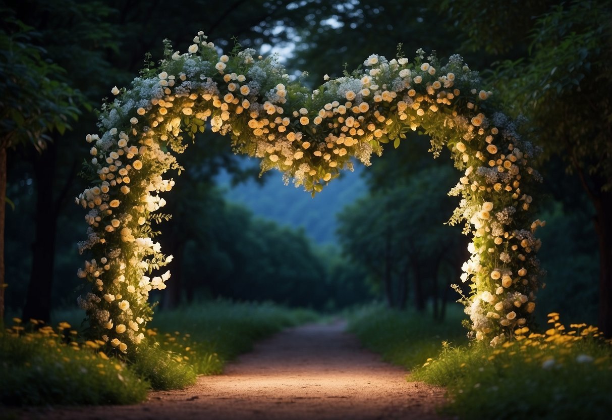 A heart-shaped archway covered in blooming flowers, surrounded by lush greenery and twinkling fairy lights