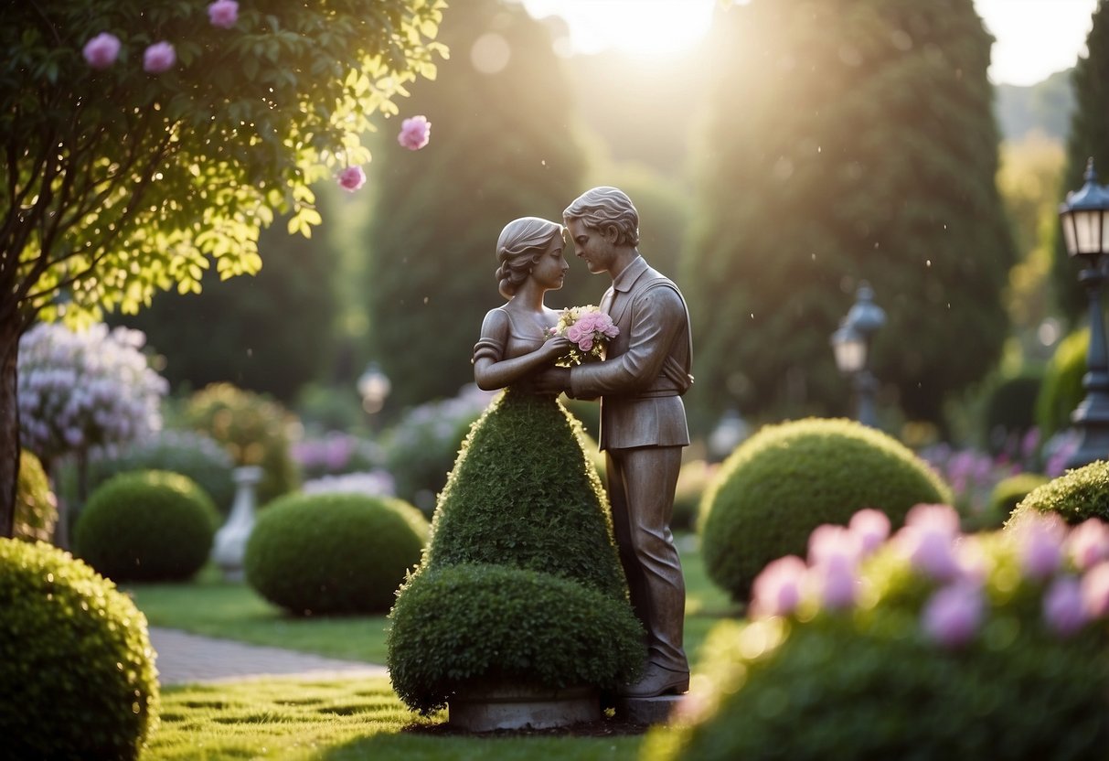 A serene garden with heart-shaped topiaries and stone statues of embracing couples, surrounded by blooming flowers and twinkling fairy lights