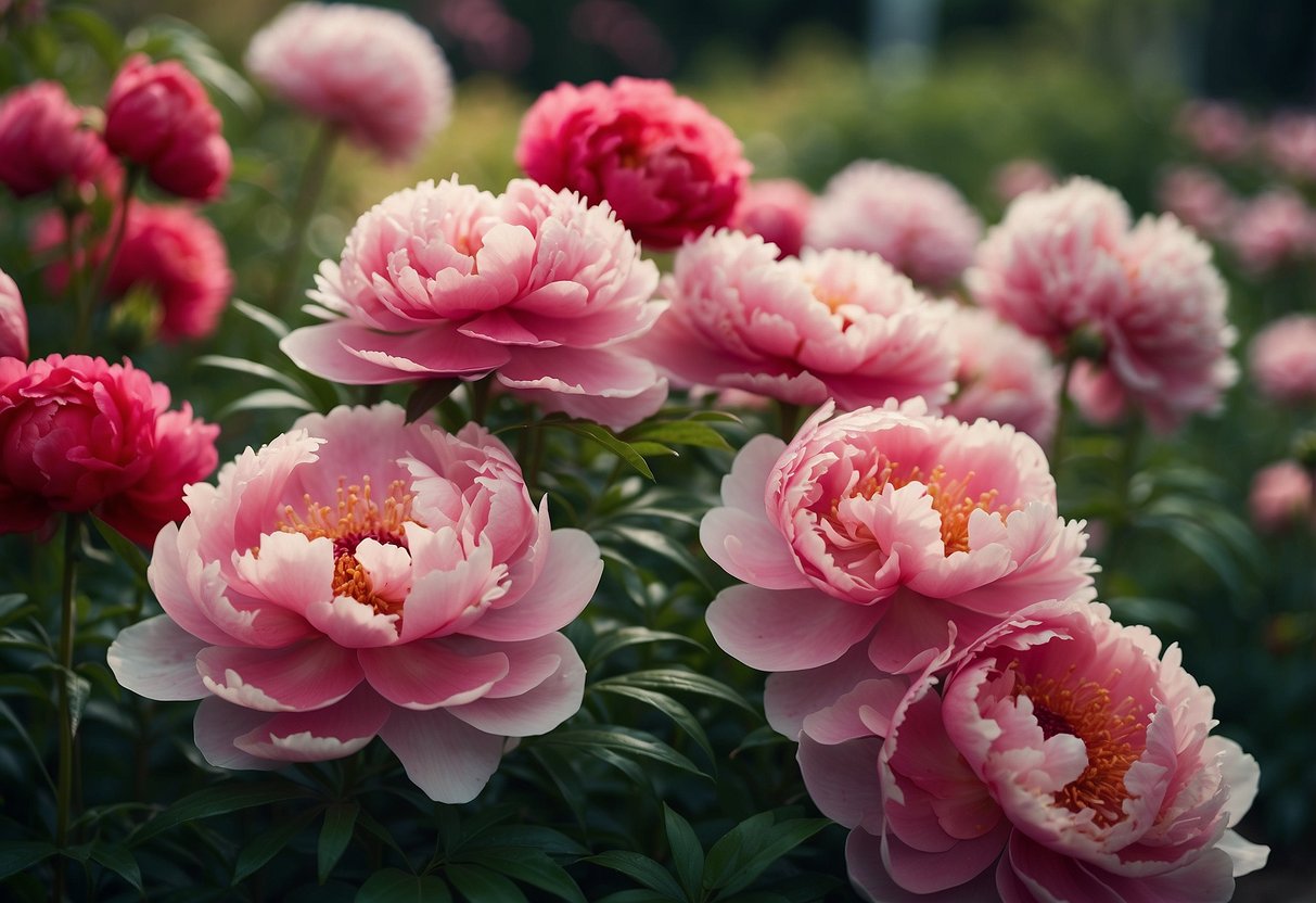 Lush peony beds bloom in a romantic garden, with vibrant red and pink flowers creating a passionate and enchanting atmosphere