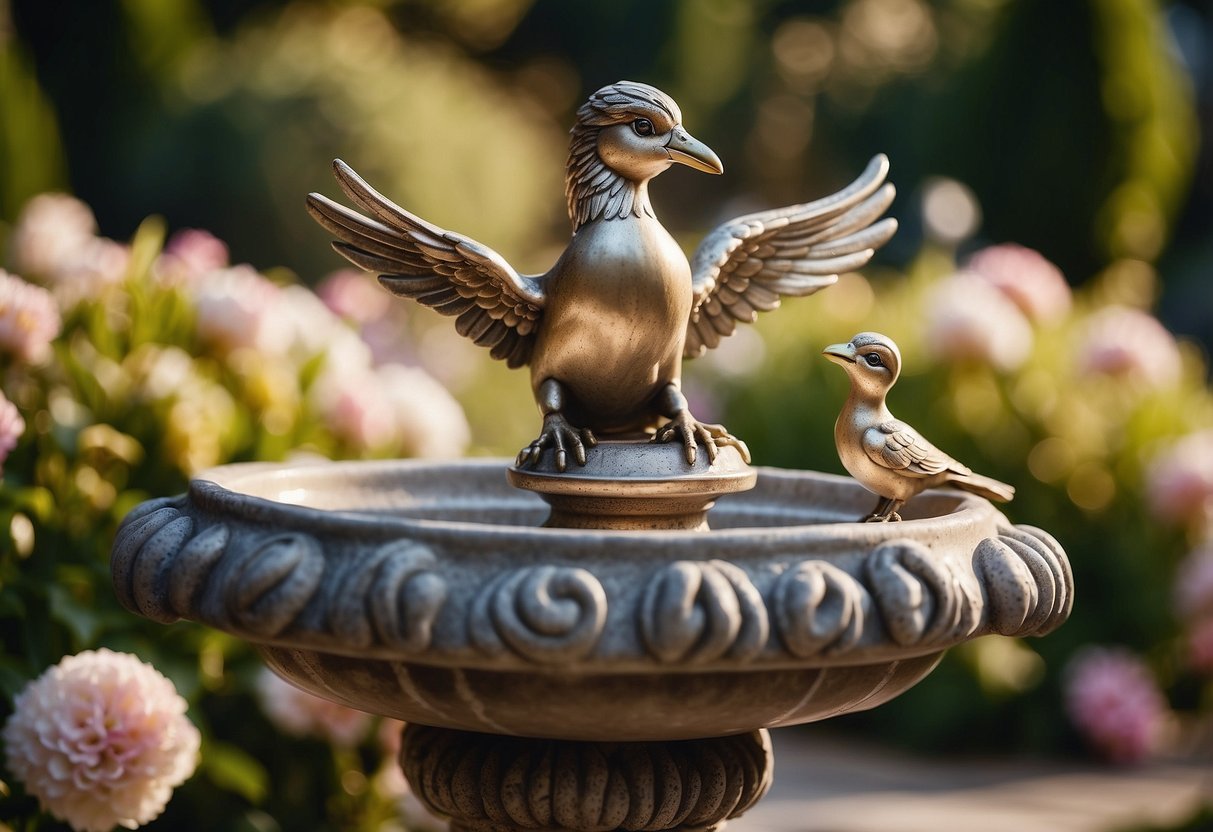 A cherub bird bath surrounded by blooming flowers and heart-shaped decorations in a romantic garden setting