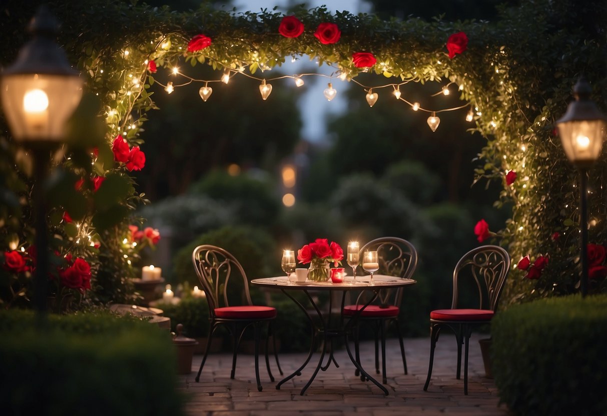 A cozy garden with heart-shaped topiaries, twinkling string lights, and a table set for two with red roses and candlelight