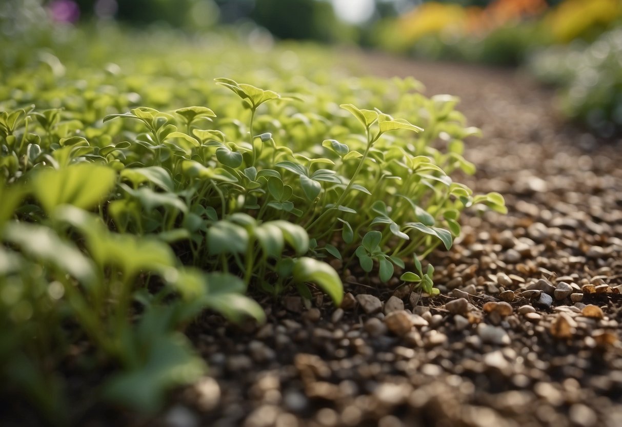 Vibrant low-growing ground covers sway in the wind, creating a colorful and textured carpet in a garden