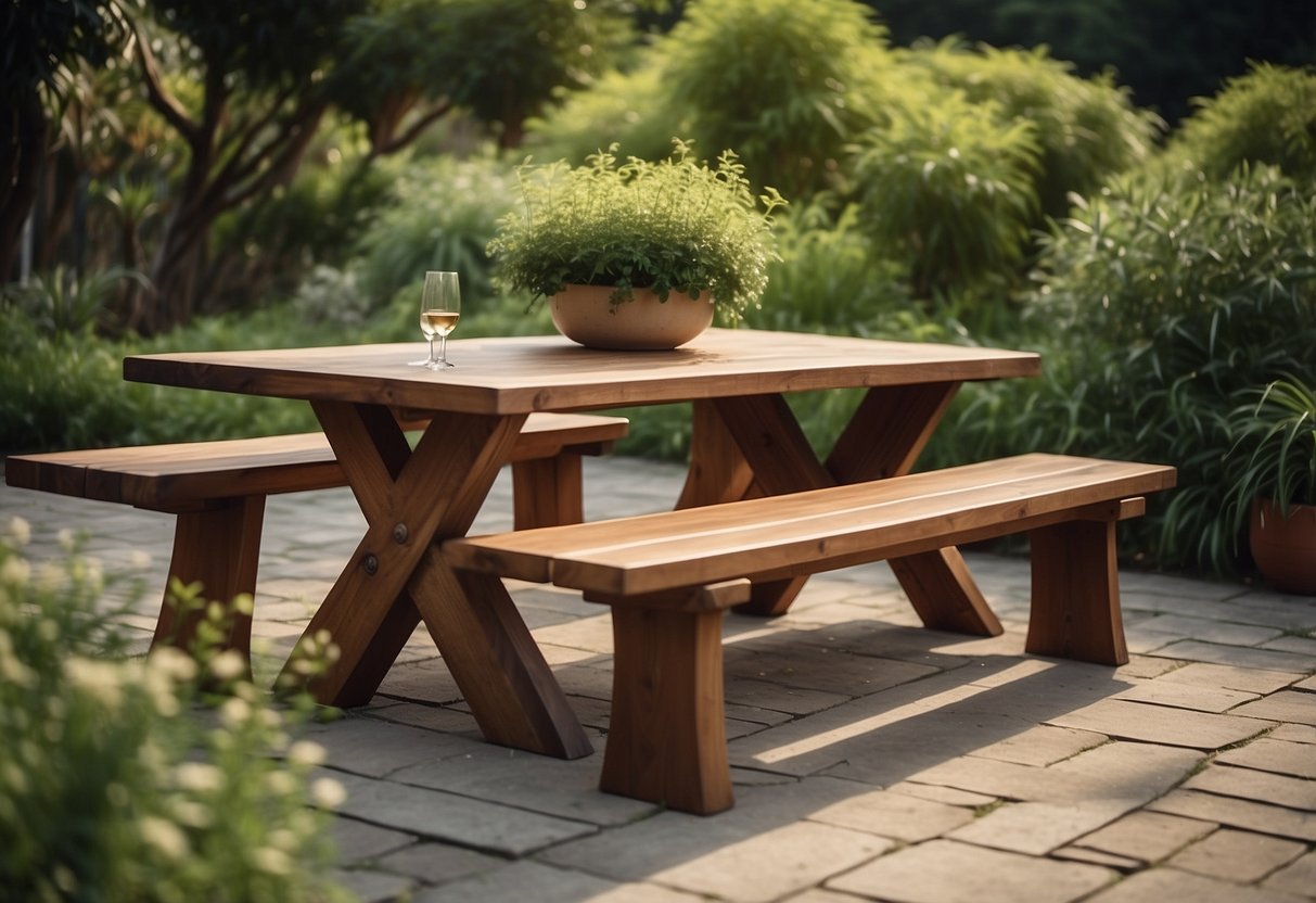 Several sturdy wooden benches and tables are strategically placed among tall, wind-resistant plants in a serene garden setting