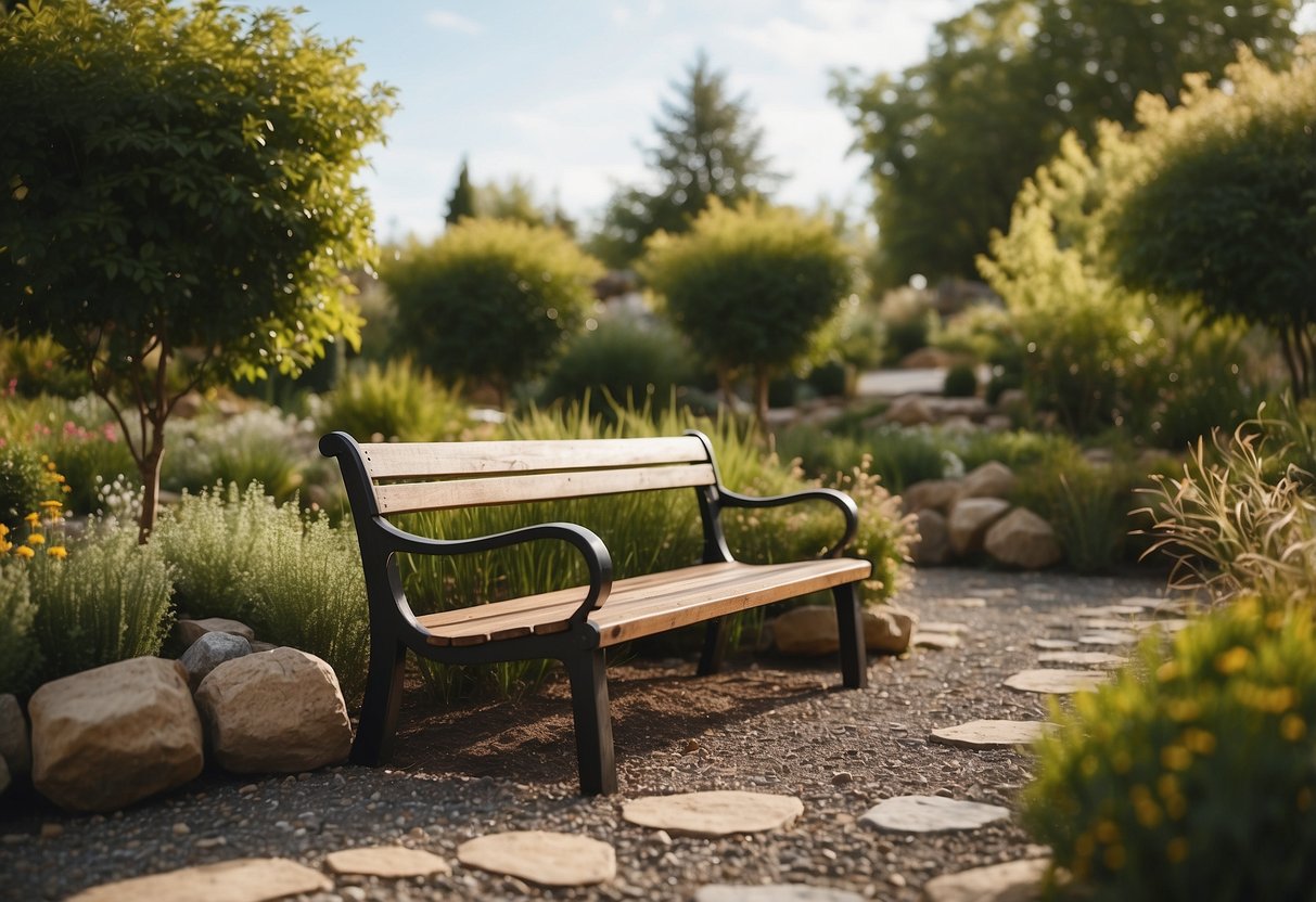 A garden with gravel mulch, surrounded by wind-resistant plants, with a flagstone path and a bench for relaxation