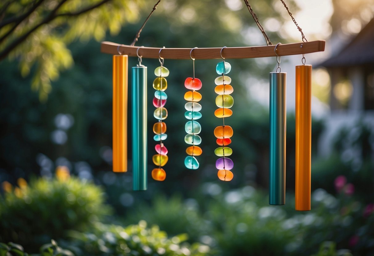 Colorful windchimes sway in the breeze, creating a symphony of soothing sounds in a garden. The wind gently moves the chimes, adding a touch of charm to the serene outdoor space