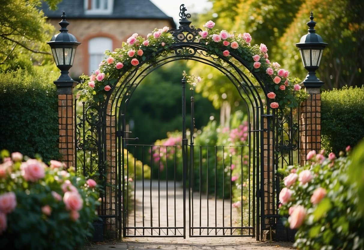 A wrought iron gate adorned with climbing roses stands at the entrance to a Victorian front garden, surrounded by lush greenery and colorful blooms