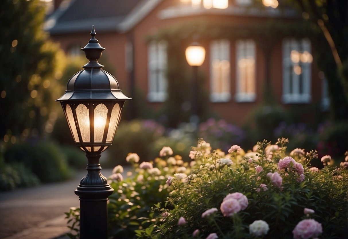 A vintage lamp post illuminates a Victorian front garden, casting a warm glow on the carefully manicured plants and flowers