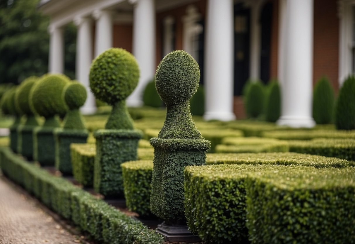 Lush, manicured boxwood sculptures adorn a Victorian front garden, creating an elegant and timeless atmosphere