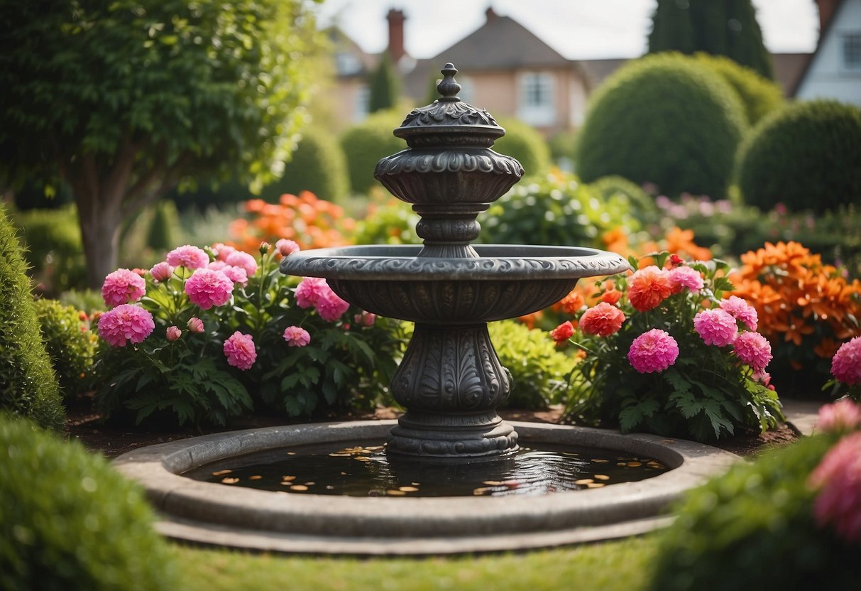 A Victorian-style bird bath sits in a lush front garden, surrounded by vibrant flowers and ornate topiaries