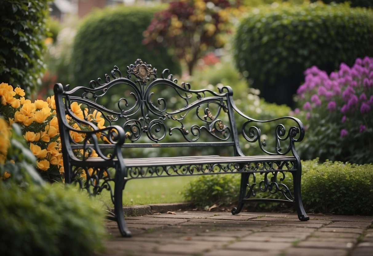 An antique iron garden bench sits in a lush Victorian front garden, surrounded by colorful flowers and ornate landscaping