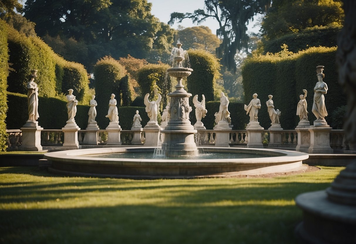 A grand Victorian garden adorned with classical marble statues