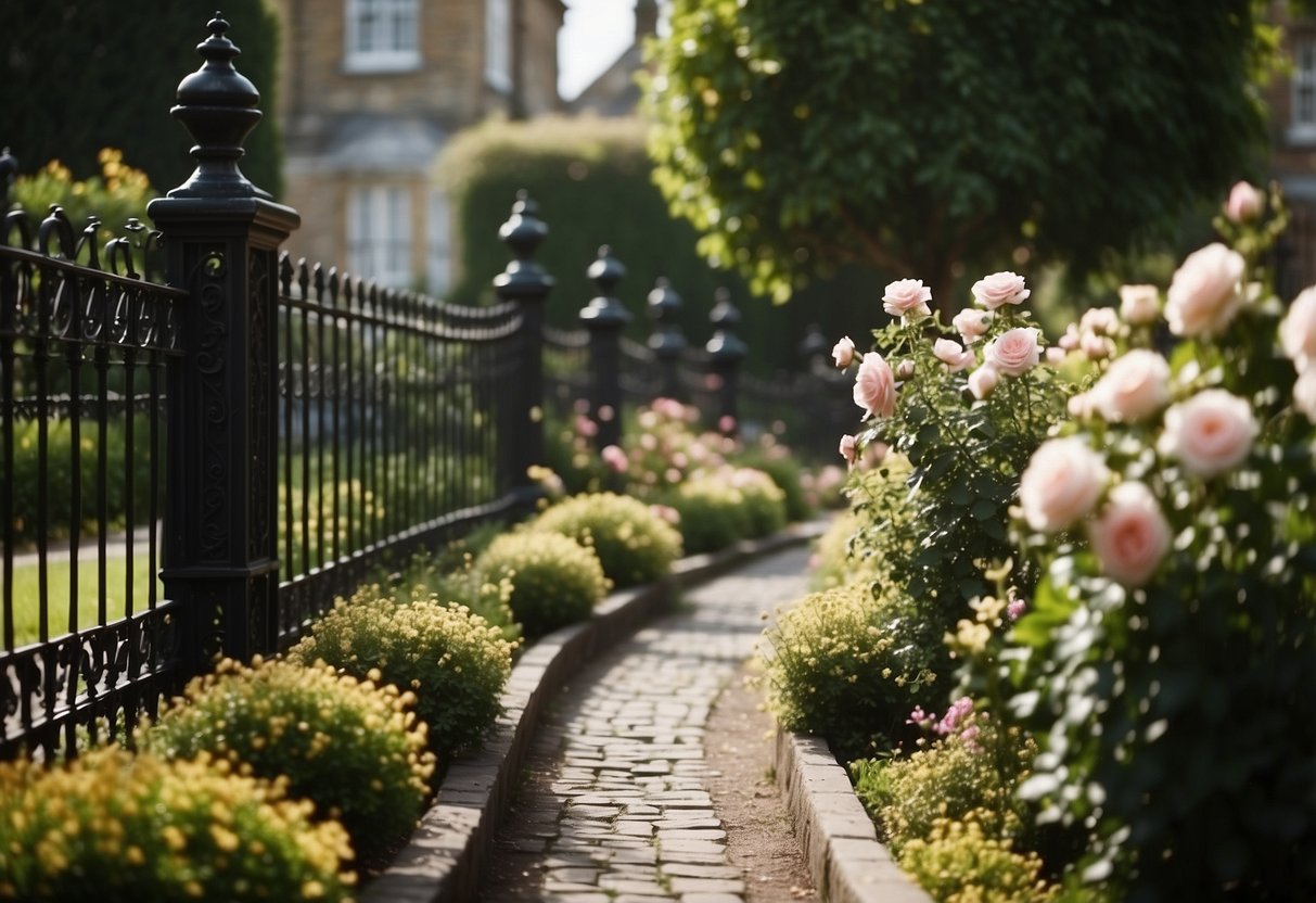 A lush Victorian front garden with heirloom roses in full bloom, surrounded by ornate wrought iron fencing and stone pathways