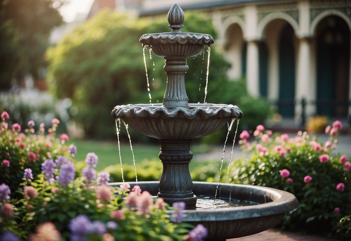 A vintage water fountain sits amidst a lush Victorian front garden, surrounded by colorful flowers and ornate ironwork