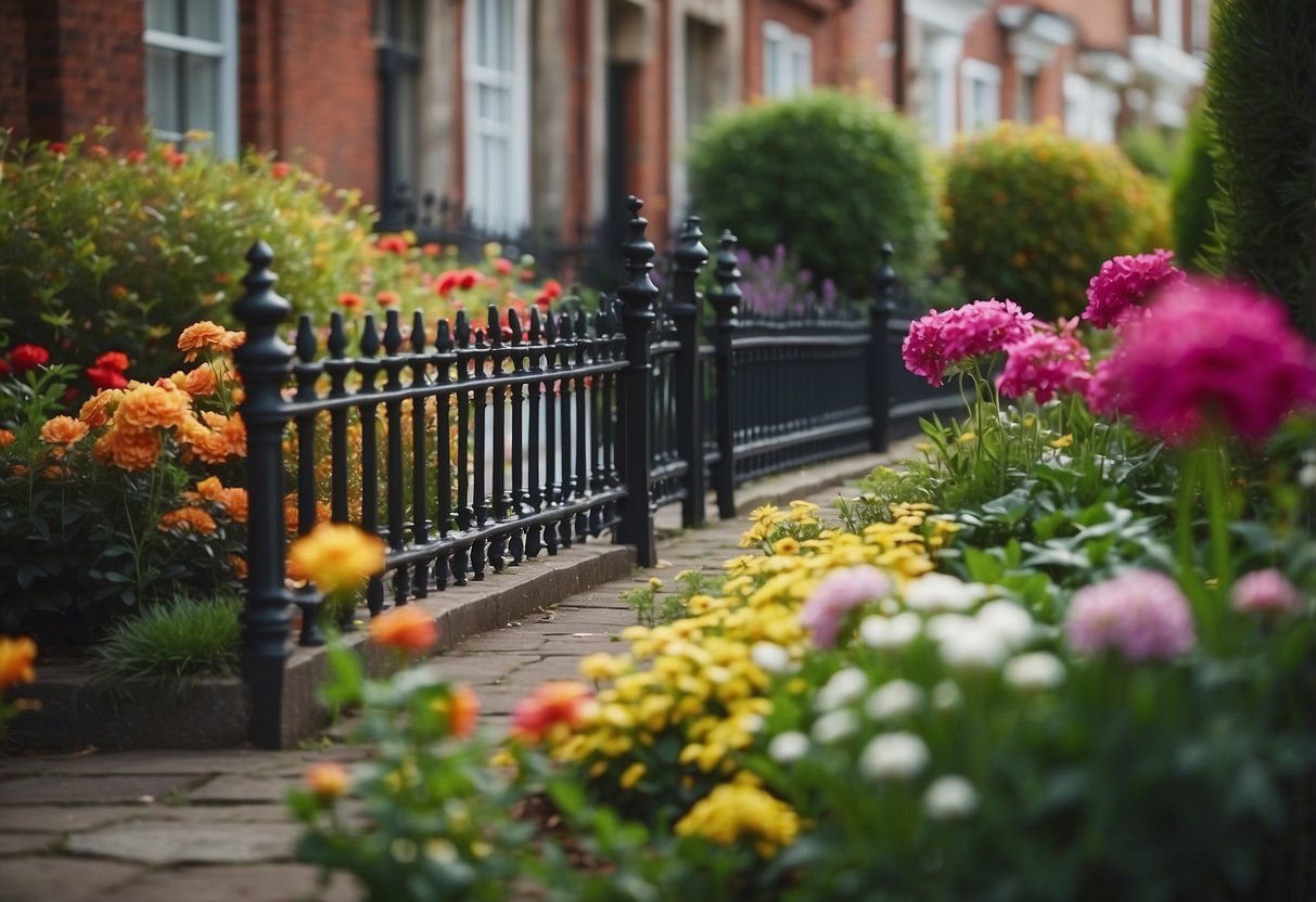 A front garden with ornate cast iron railings, surrounded by colorful flowers and lush greenery, evoking a Victorian era aesthetic