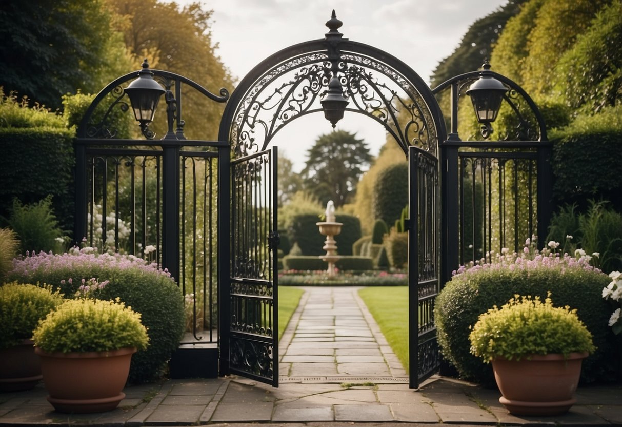 A Victorian front garden with symmetrical pathways, ornate iron gates, lush flower beds, and neatly trimmed hedges. A fountain or a gazebo adds a focal point