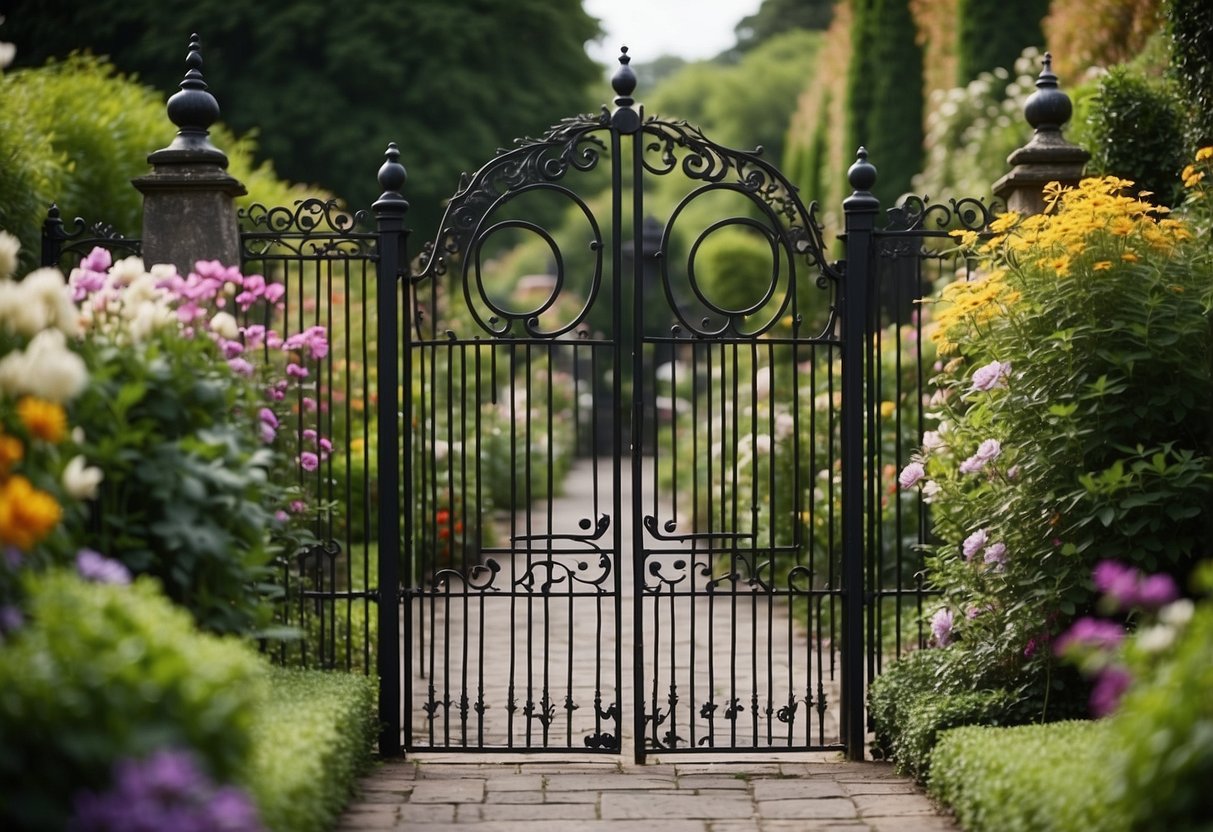 Lush greenery and vibrant flowers arranged in symmetrical patterns, surrounded by ornate iron fencing and stone pathways in a Victorian front garden