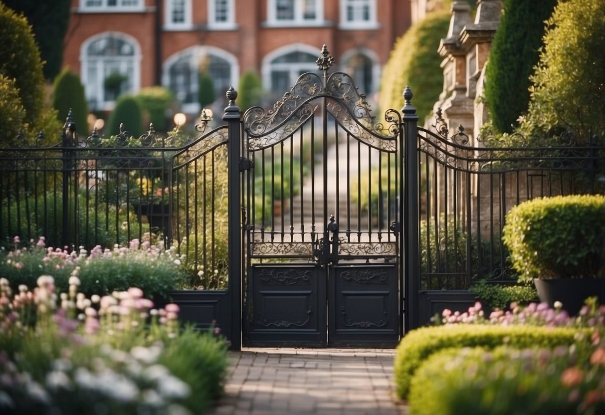 A Victorian front garden with ornate iron gates, winding path, lush flower beds, and a central fountain