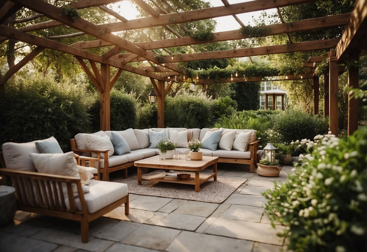 A spacious garden with multiple outdoor seating areas, including a wooden dining set under a pergola, a cozy lounge area with comfortable chairs and a fire pit, and a peaceful reading nook surrounded by lush greenery