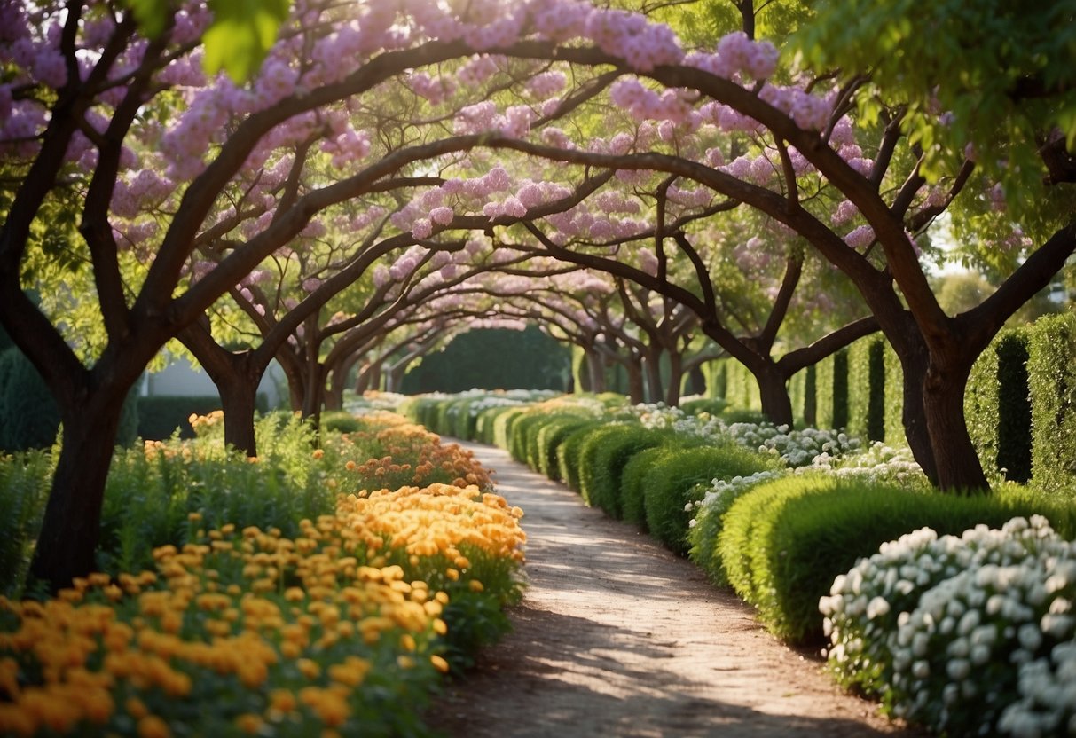 A lush garden with rows of fruit trees, surrounded by colorful flowers and greenery, with a pathway winding through the groves