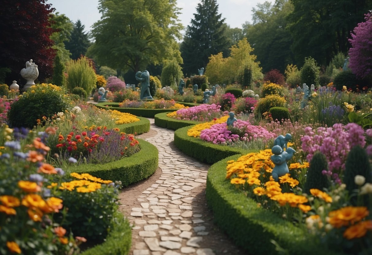 Vibrant flowers and sculptures dot a sprawling garden, with winding paths and open spaces for art installations