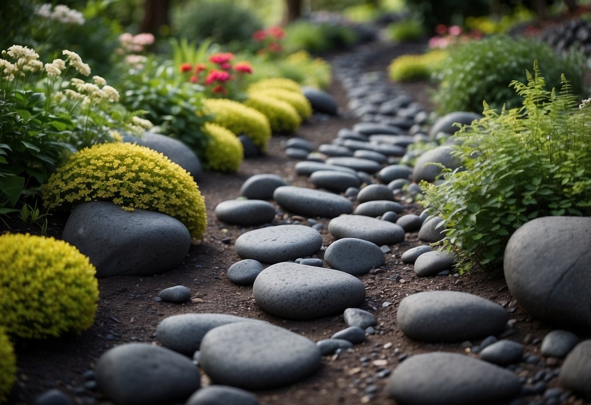 A winding path of dark basalt stones through a garden of volcanic rocks