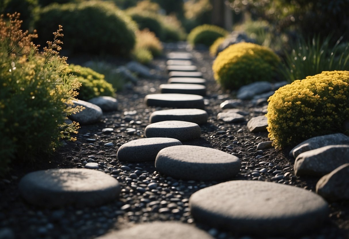 A path of obsidian stepping stones winds through a garden of volcanic rocks, creating a striking and unique landscape