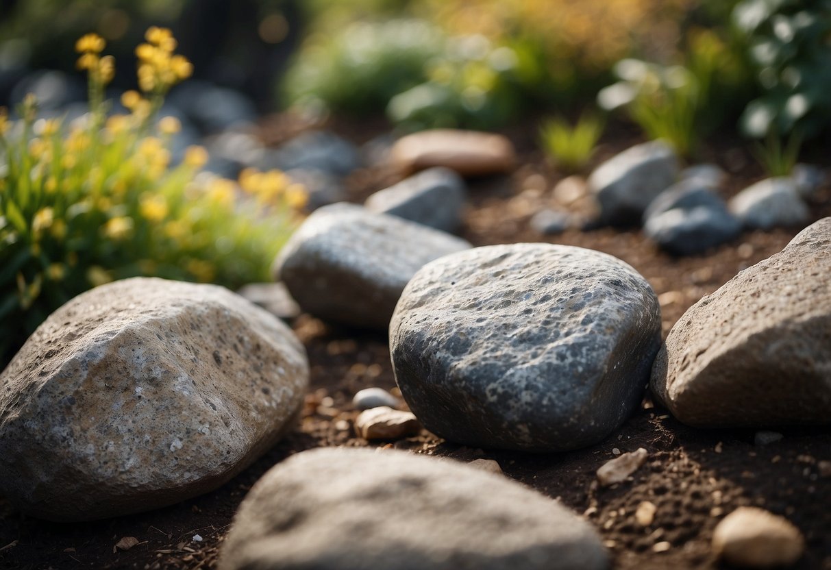 Rugged boulders and volcanic rocks arranged in a garden setting