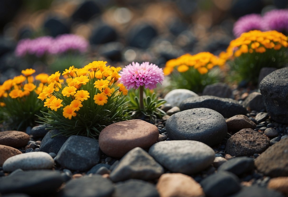 A scoria flower bed borders a volcanic rock garden, with colorful blooms contrasting the dark, jagged stones