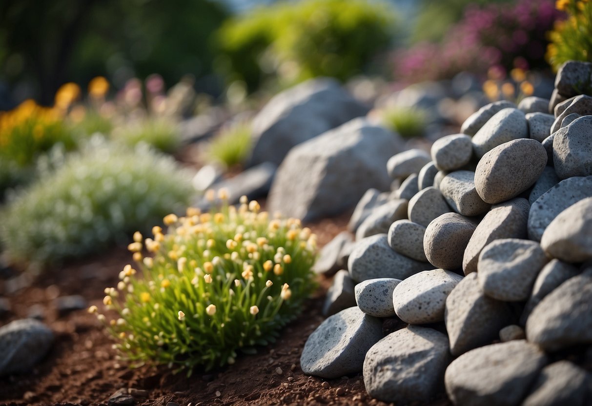 A garden bed filled with andesite volcanic rocks, arranged in a natural and organic manner, creating a rugged and textured landscape