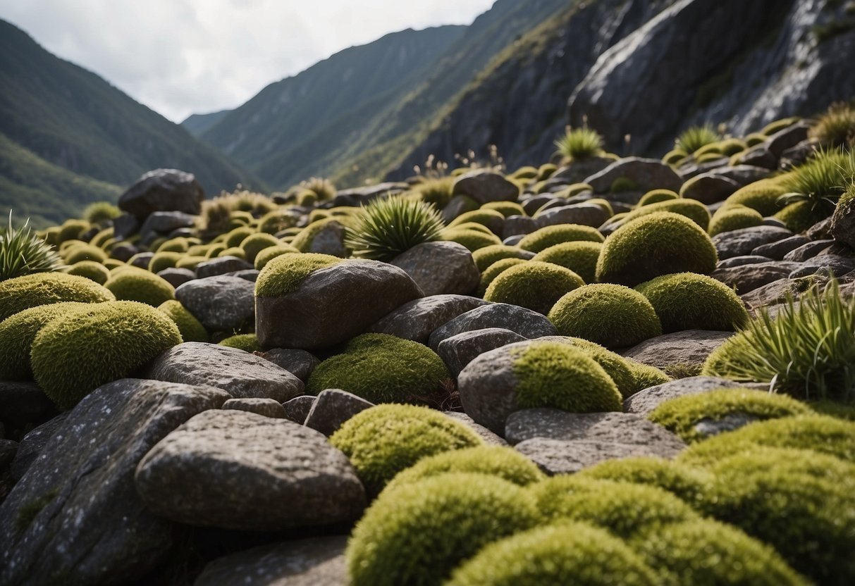 Rugged granite formations jutting from volcanic rock garden, with moss and small plants nestled between crevices