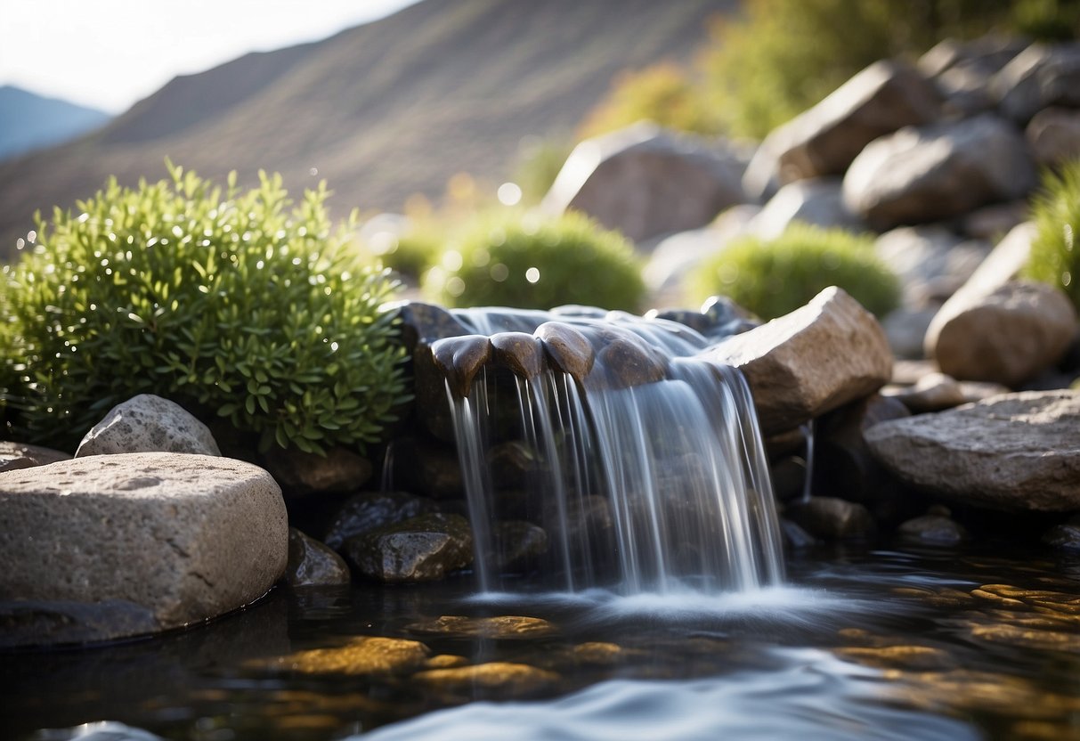 A bubbling water feature surrounded by rhyolite volcanic rocks, creating a serene and natural garden atmosphere