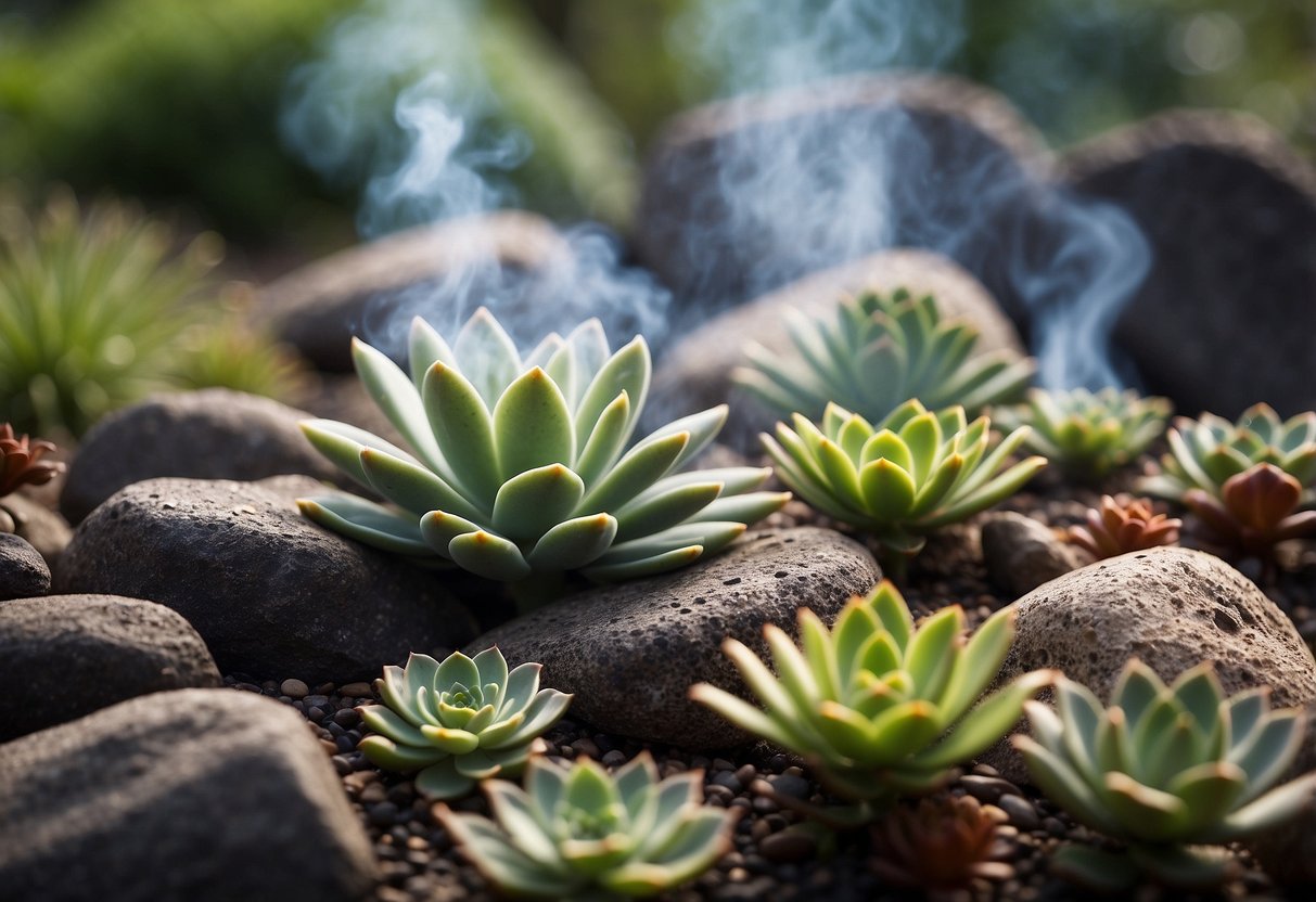 Volcanic rocks arranged in a garden, surrounded by lush greenery, with small succulents and cacti nestled among the rocks. Smoke and steam rising from a nearby volcano in the background