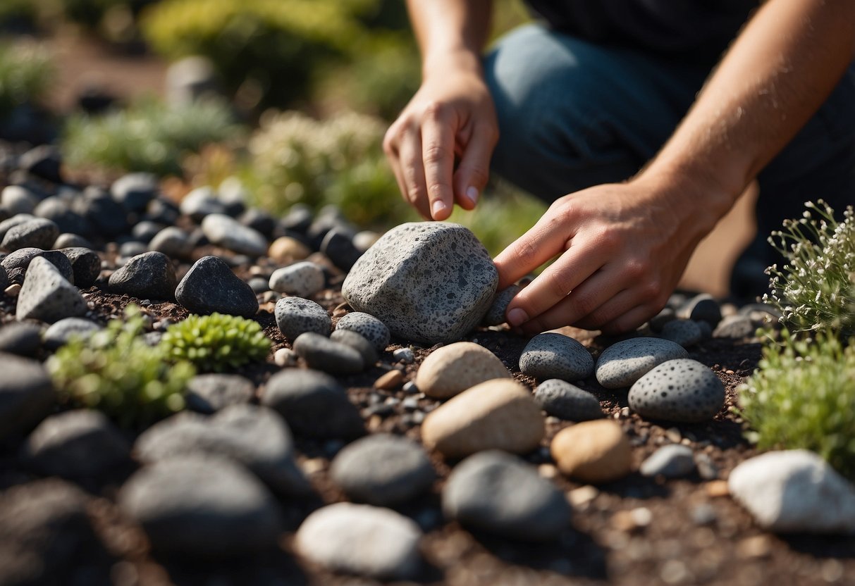 A person carefully selects various volcanic rocks from a garden, arranging them into a visually appealing composition