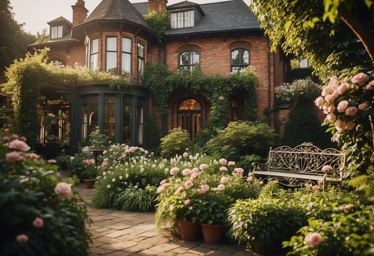 A Victorian house with a lush garden features ornate wrought iron furniture on a quaint patio, surrounded by blooming flowers and ivy-covered walls