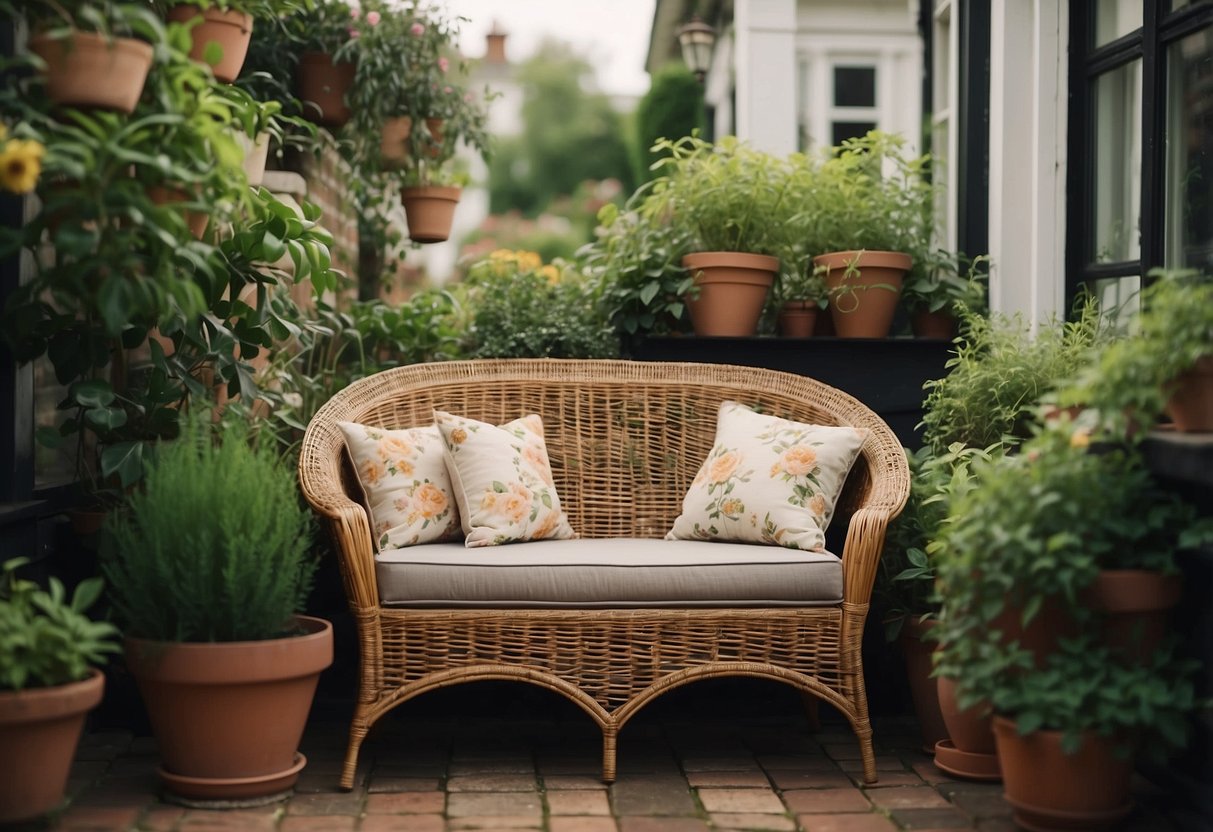 A vintage wicker loveseat sits on a Victorian house patio, adorned with floral cushions and surrounded by potted plants and hanging vines