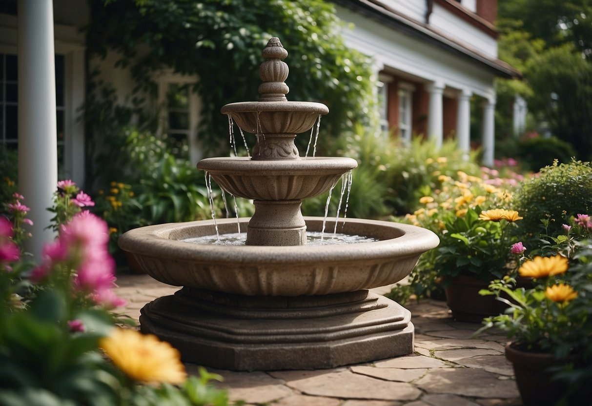 A stone water fountain sits in a Victorian house's patio, surrounded by lush greenery and colorful flowers