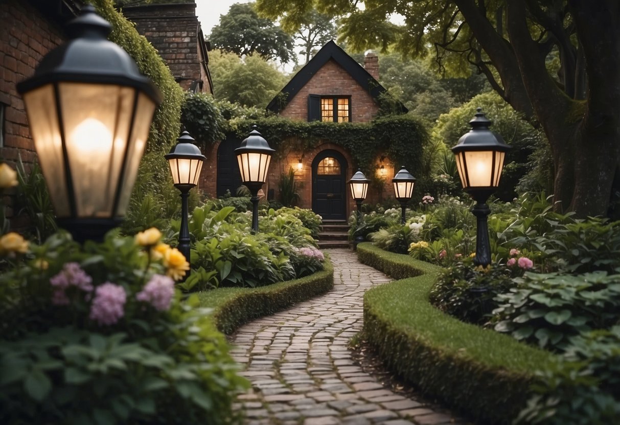 A winding cobblestone pathway leads to a Victorian house, surrounded by lush gardens and vintage lanterns