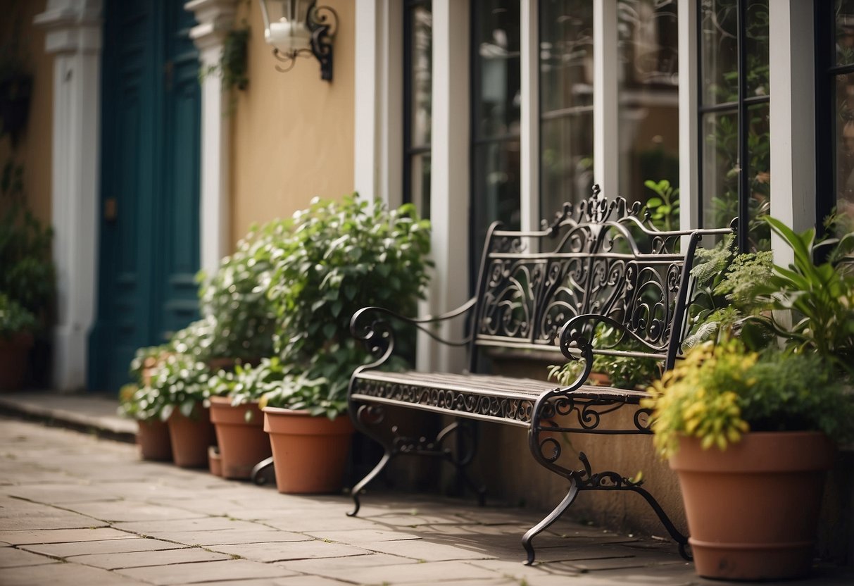 A wrought iron bench sits on a Victorian house's patio, surrounded by potted plants and vintage decor