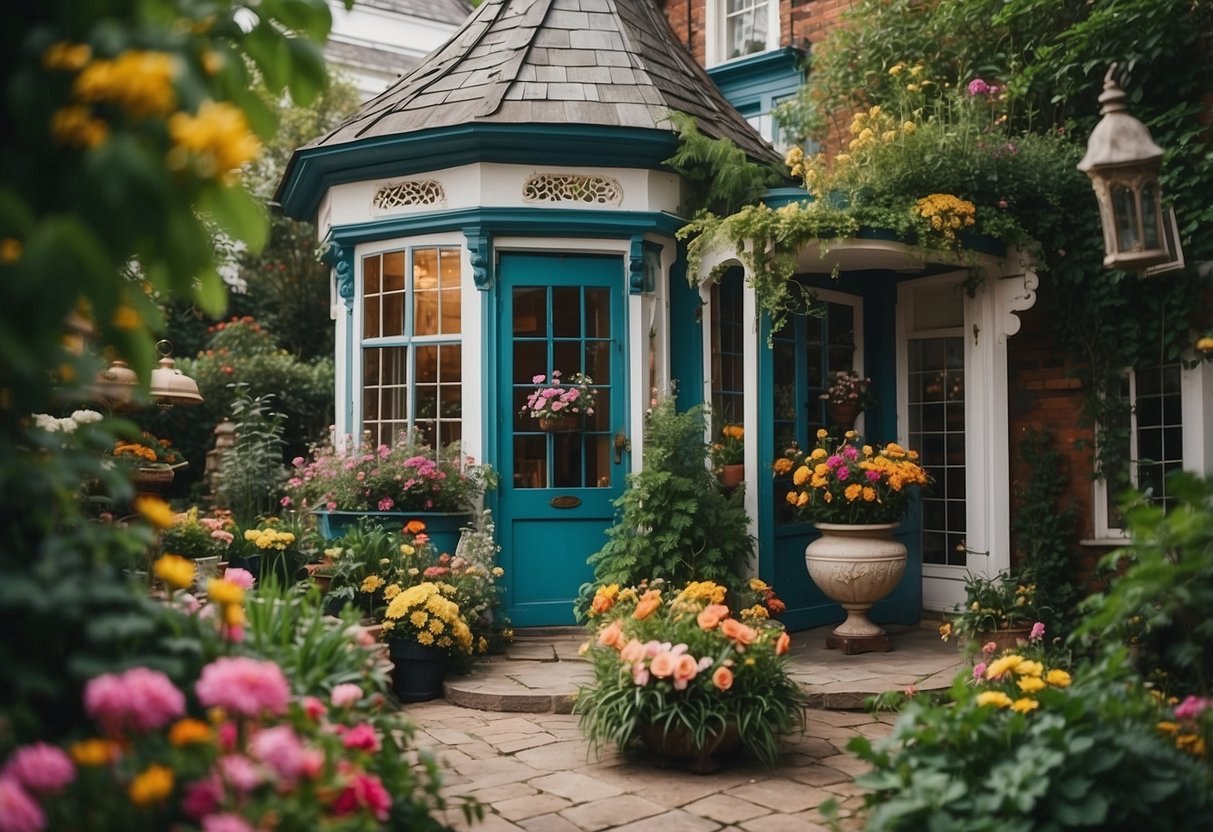 A Victorian house with ornate birdcage planters on a patio, surrounded by lush greenery and colorful flowers