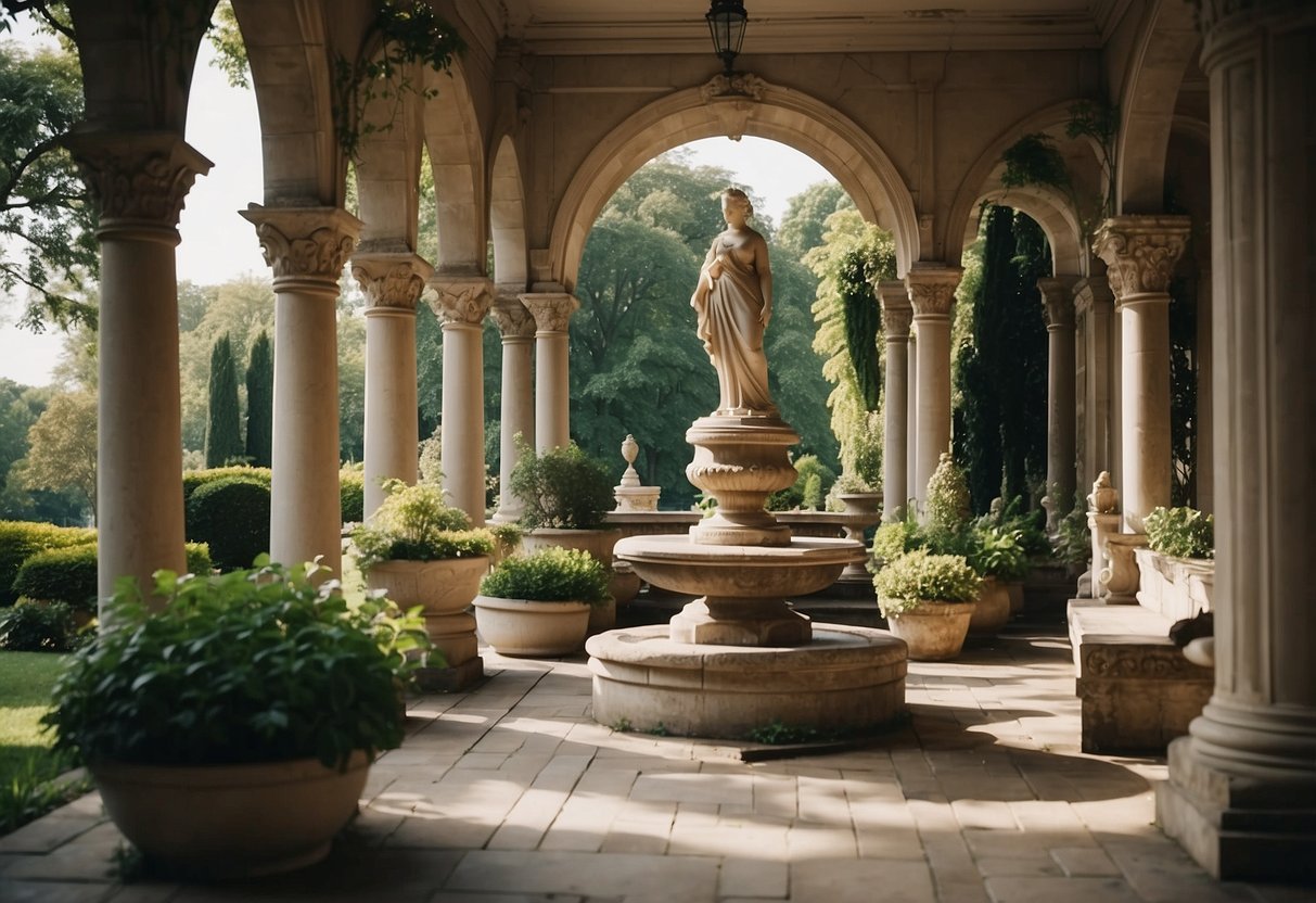 A grand patio with classic stone statues, surrounded by lush greenery, complements the elegant Victorian house