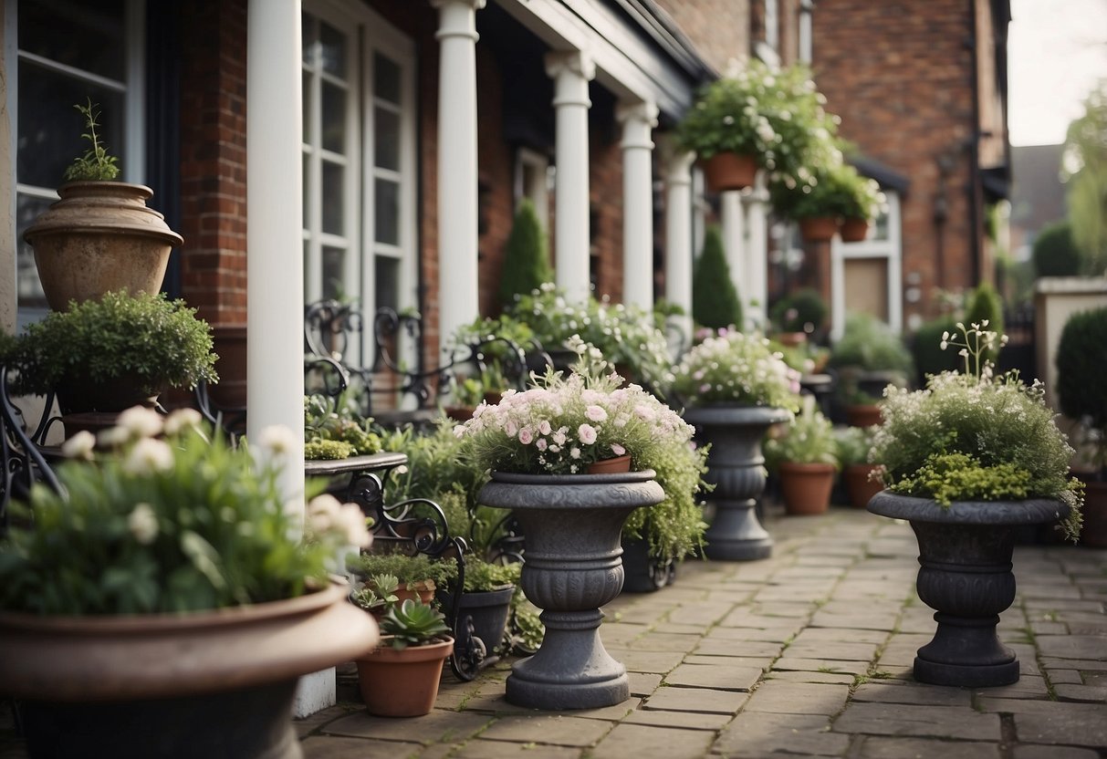 A Victorian house patio adorned with twisted metal plant stands