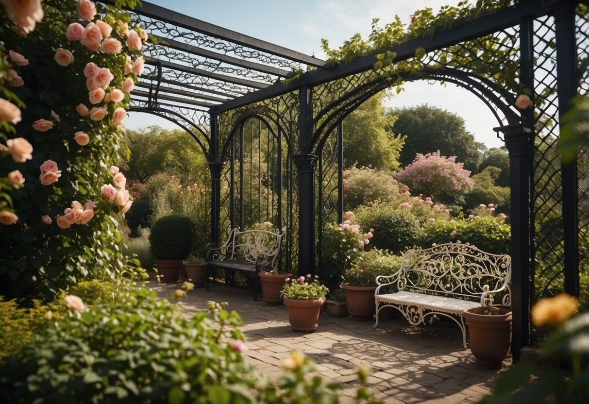 A Victorian-style pergola with intricate lattice work and climbing roses, surrounded by lush greenery and vintage wrought iron furniture