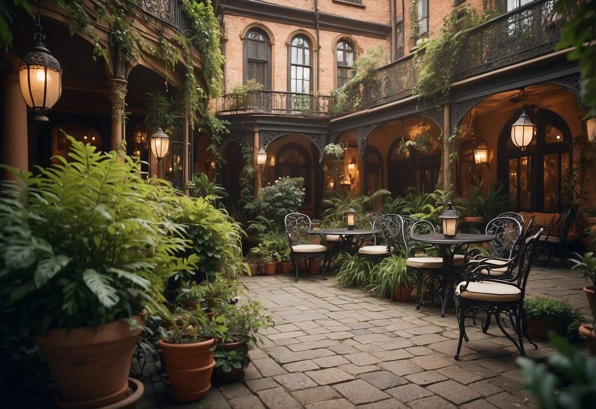 A Victorian-era patio adorned with intricate wrought-iron furniture and lush greenery, surrounded by ornate architectural details and vintage lanterns